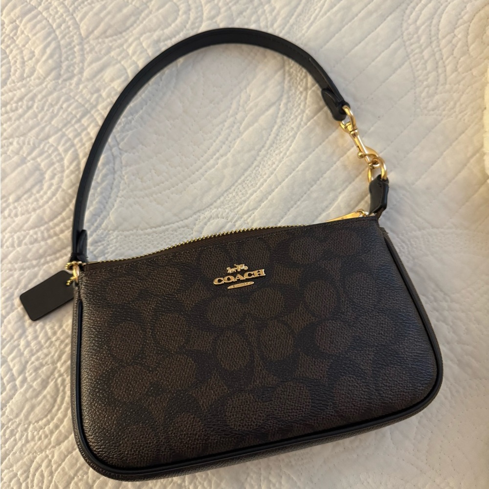 Coach Brown and Black Shoulder Bag with Adjustable Strap and Zip Closure